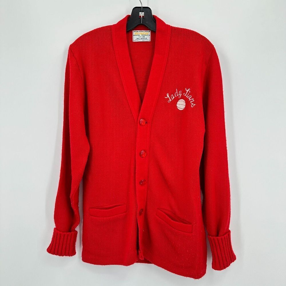 Vtg‎ Lady Lions Bristol Cardigan Letterman Sweater Womens Size 38 Red White USA
